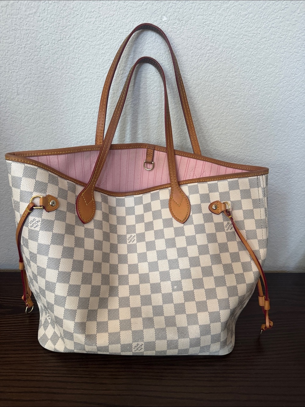 NEVERFULL Designer-Inspired Pink Lined Checkered Tote Bag
